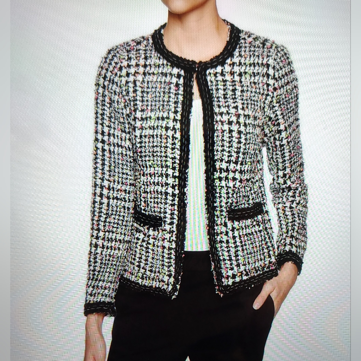$328 Magaschoni Confetti Multi-Colored Dot Tweed Open Blazer Jacket Women's Sz 6